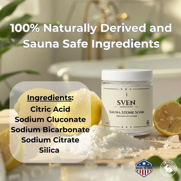 Sauna stone soak label — premium sauna stone treatment and cleaning solution