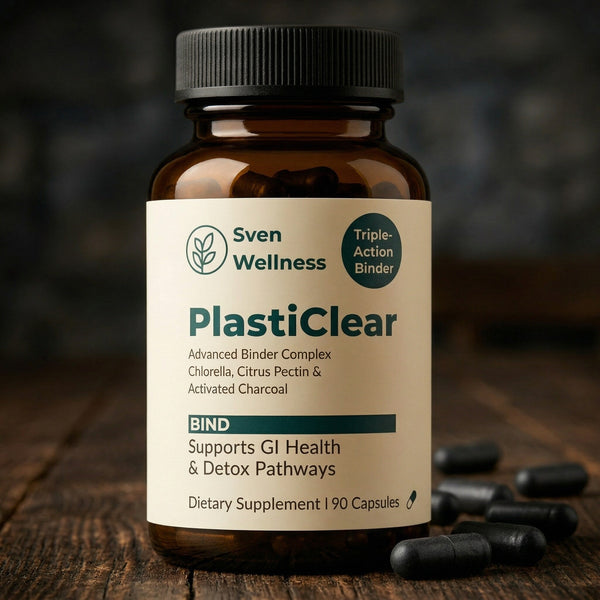 PlastiClear Advanced Binder Complex bottle — sauna detox supplement with activated charcoal and chlorella