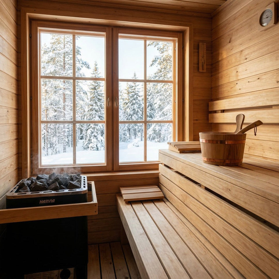 Warm, well-lit sauna interior representing sauna blood pressure and sauna and blood pressure guidance