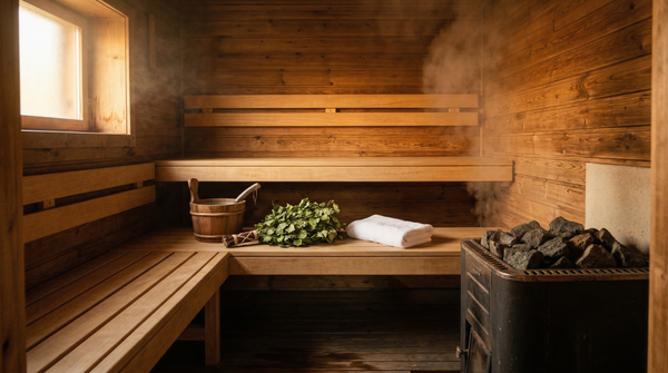 Bright Finnish sauna interior with steam rising from hot rocks and warm golden wood paneling — sauna and immune system health benefits