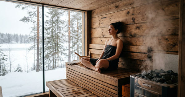 Person meditating in peaceful Scandinavian sauna with winter forest view — sauna for stress relief and nervous system reset