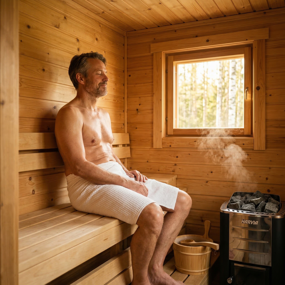 Man relaxing in warm Finnish sauna interior with steam rising — daily sauna safety benefits by age and health status