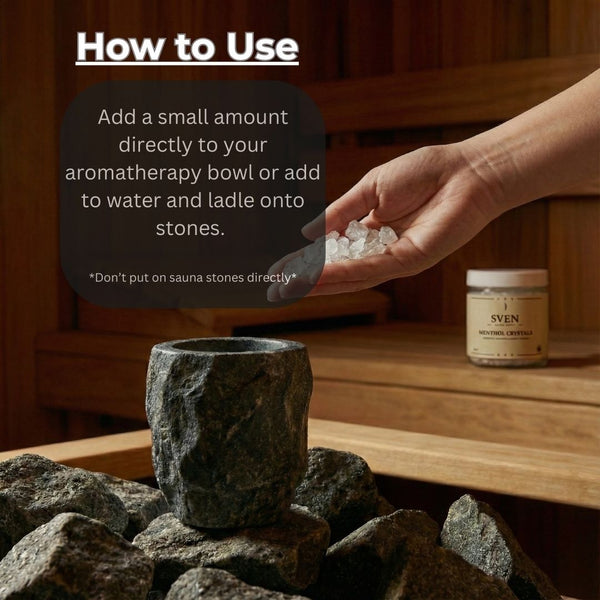 Sauna menthol crystals in use — adding menthol to hot sauna stones for aromatic steam